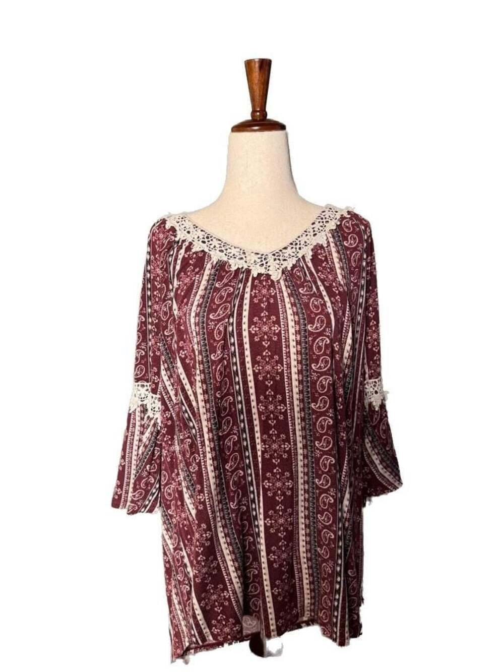 G Collection Boho Paisley Print Cold Shoulder Lace Trim Bell Sleeve Tunic Top